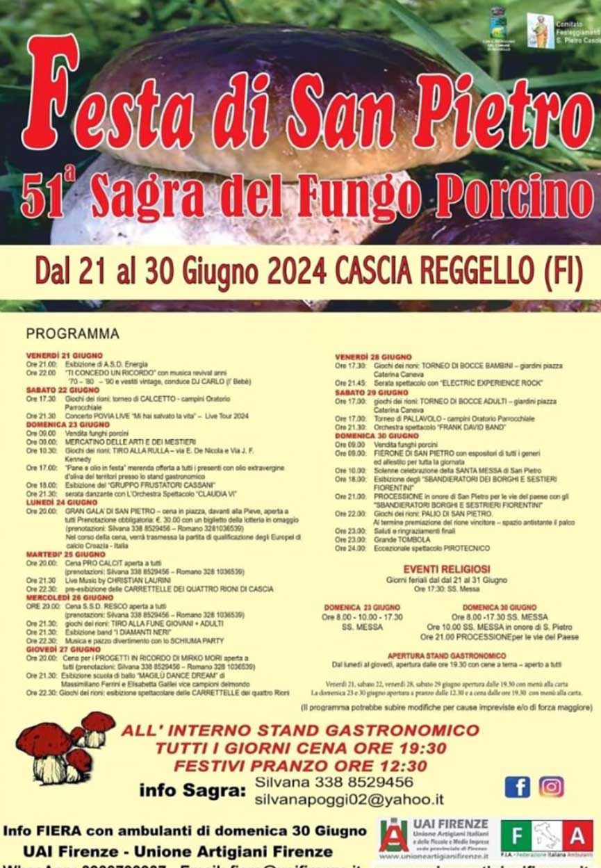 Programma Sagra del Fungo Porcino e Festa di San Pietro di Cascia (Reggello)